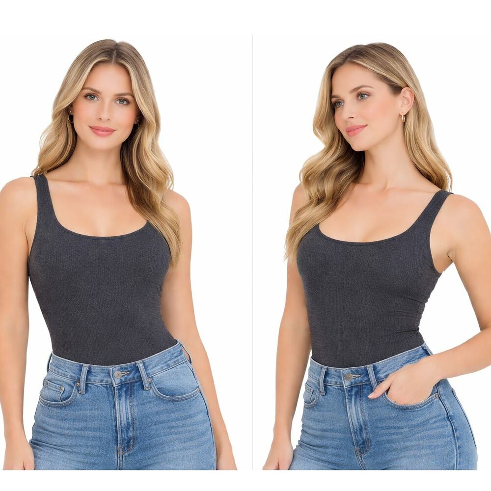American Eagle Ribbed Tank Square Neck Bodysuit Gray Womens Small Minimalist